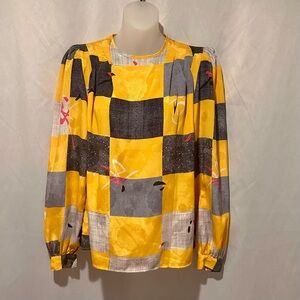 Vintage 80s Yellow and Black Checkered Long Sleeve Blouse Size 8